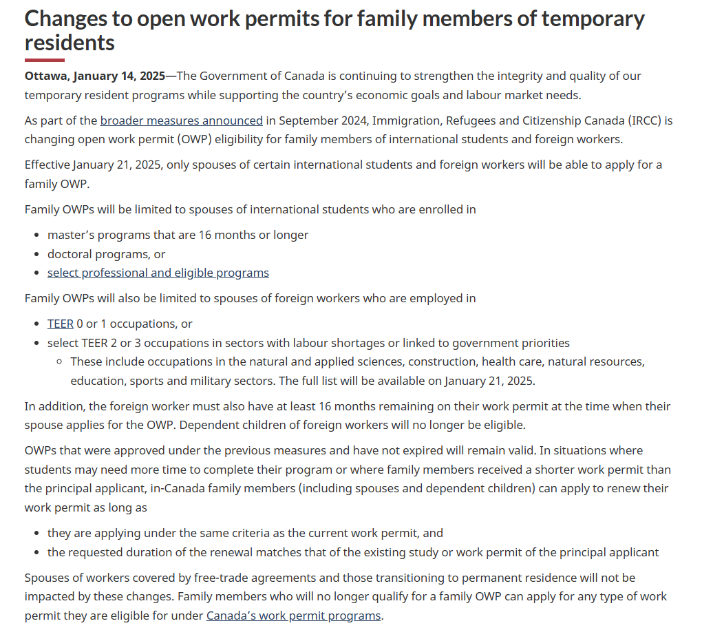 一年制硕士和低技能劳工的配偶将不能申请加拿大开放工签